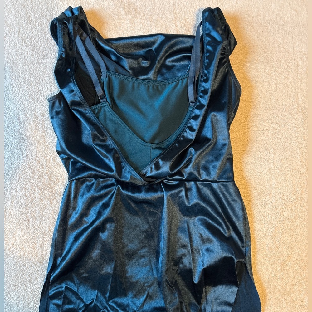 Revolution Dancewear Dark Teal Satin Midi Dress w Built in Leotard, Adult Small - Picture 7 of 9